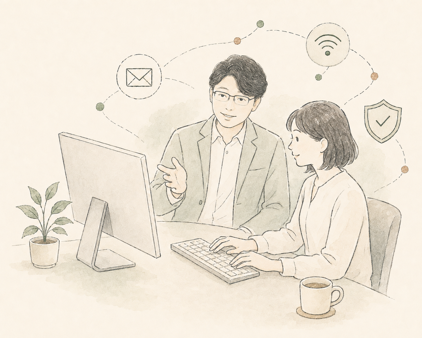 黒木がお客様とパソコンの画面を確認しているイラスト